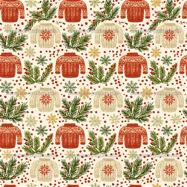 Rustic Christmas sweater seamless pattern with pine branches — seamless tileable pattern
