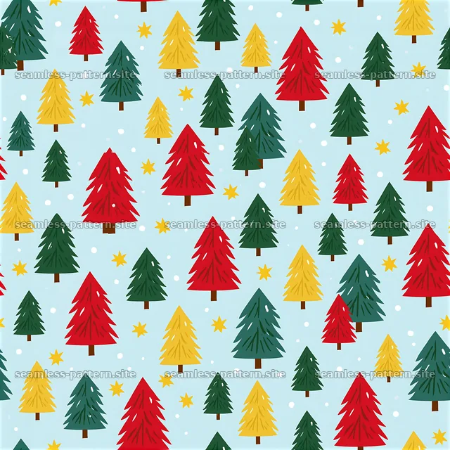 Seamless Christmas tree pattern on light blue background with stars — seamless tileable pattern