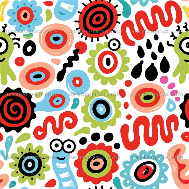 Colorful design with abstract shapes and playful motifs — seamless tileable pattern