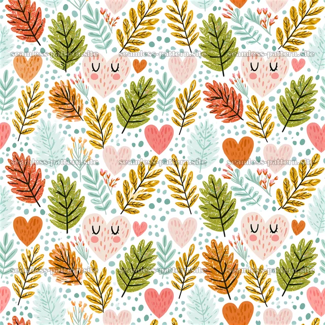 Colorful seamless pattern with hearts and leaves — seamless tileable pattern