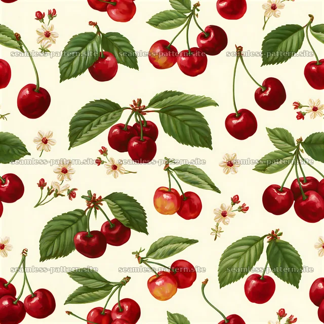 Fresh cherries in a seamless pattern for fabric and design uses — seamless tileable pattern