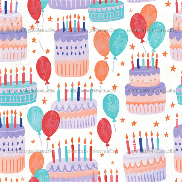 Birthday cake seamless pattern with balloons and candles design — seamless tileable pattern