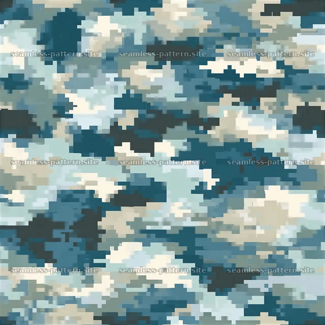 Repeat pixel camouflage pattern in shades of blue and beige — seamless tileable pattern