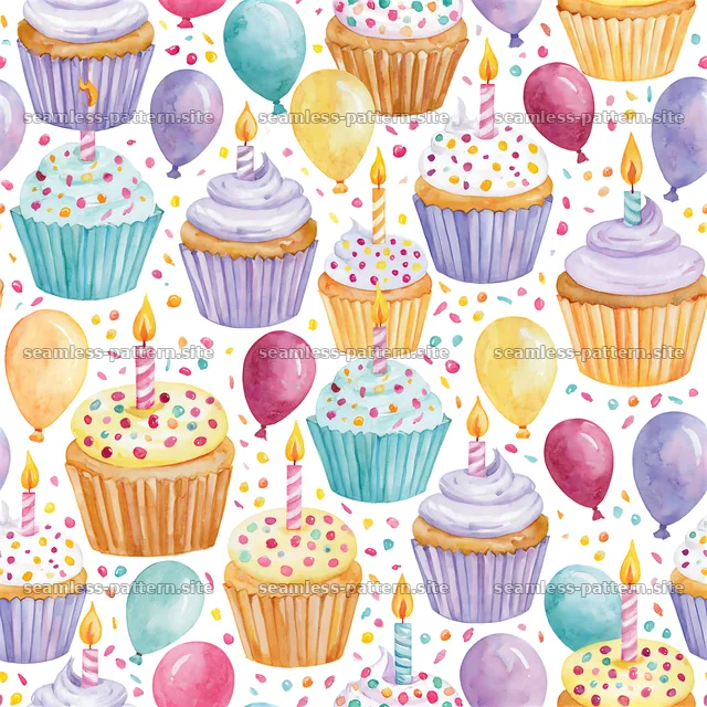 Birthday watercolor seamless pattern with cupcakes and balloons — seamless tileable pattern