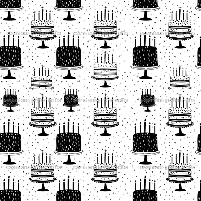 Birthday Cakes and Candles Black and White Seamless Pattern — seamless tileable pattern