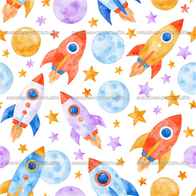 Colorful rockets and planets watercolor seamless pattern — seamless tileable pattern