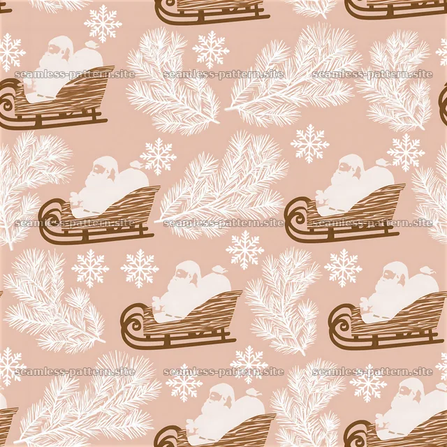 Santa Claus repeating pattern with sleighs and snowflakes — seamless tileable pattern