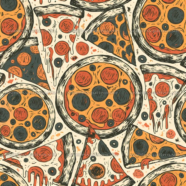 Pizza slices and whole pizzas in a fun seamless sketch pattern — seamless tileable pattern