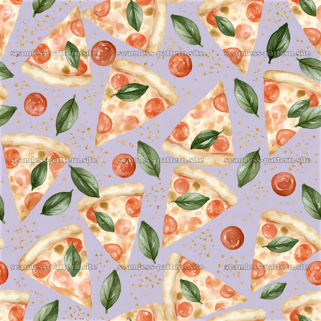 Seamless nursery pizza pattern with slices, tomatoes, and basil leaves — seamless tileable pattern