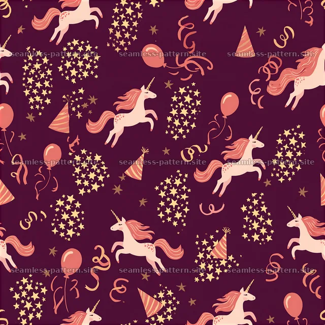 Birthday unicorns seamless pattern with balloons and party hats — seamless tileable pattern