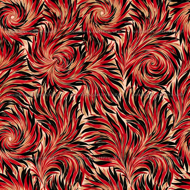 Red Black and Gold Swirling Petal Seamless Pattern — seamless tileable pattern
