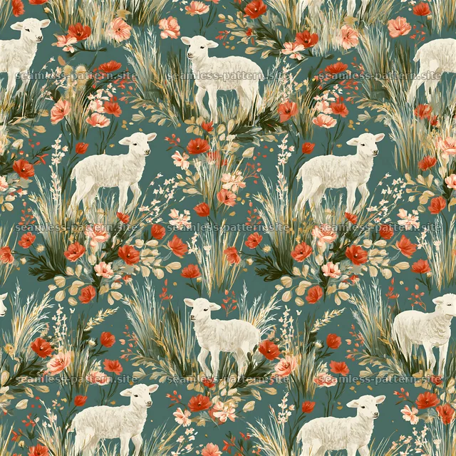 Seamless pattern featuring lambs and gentle botanical elements — seamless tileable pattern