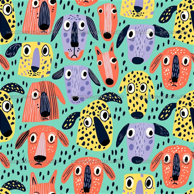 Repeat pattern with playful dog heads on colorful background — seamless tileable pattern