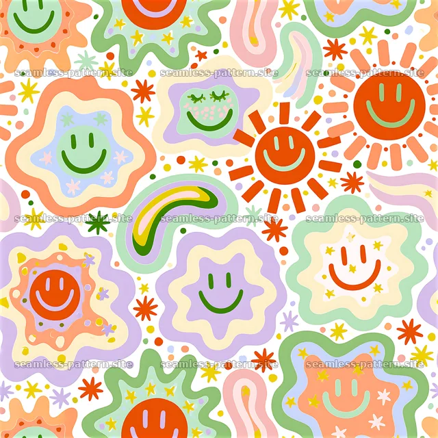 Colorful Funky Smiley Seamless Pattern with Flowers and Stars — seamless tileable pattern