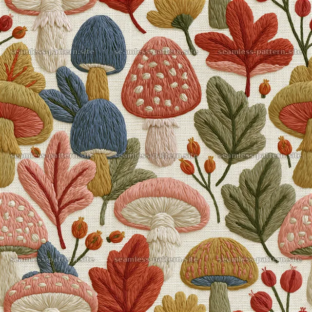 Colorful mushroom seamless pattern with leaves and flowers — seamless tileable pattern