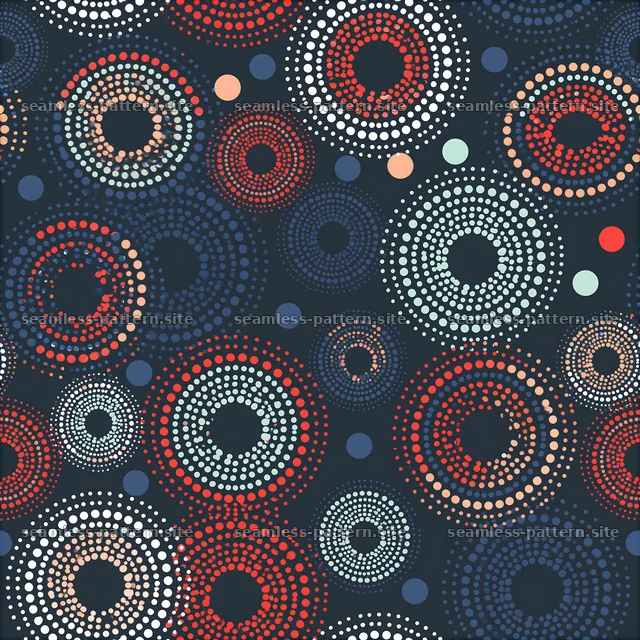 Colorful dot pattern with circular motifs on a dark background — seamless tileable pattern