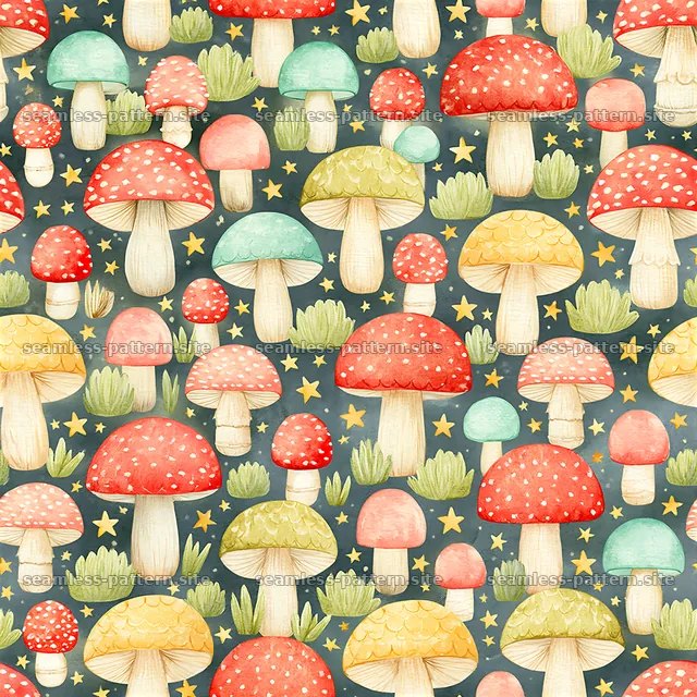 Colorful mushrooms seamless pattern with stars and plants — seamless tileable pattern