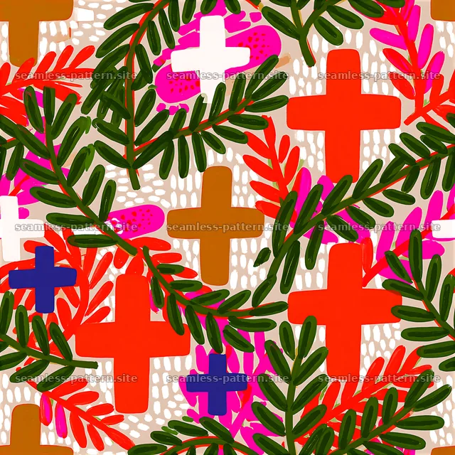 Bold olive branch and colorful cross seamless pattern — seamless tileable pattern
