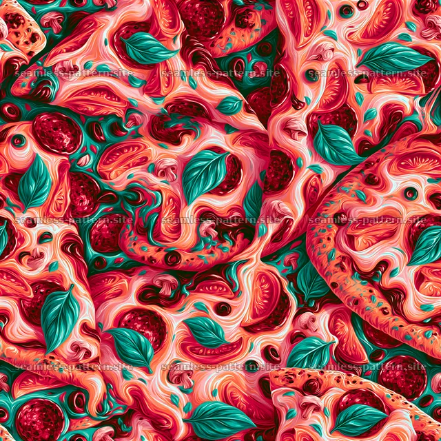 Seamless retro pizza and tomato pattern with basil leaves — seamless tileable pattern