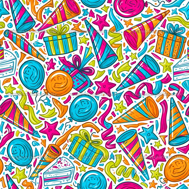 Colorful birthday doodle seamless pattern with festive elements — seamless tileable pattern
