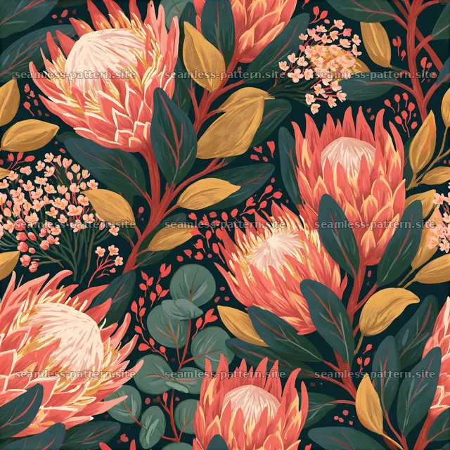 Bold floral seamless pattern with large flowers and green leaves — seamless tileable pattern