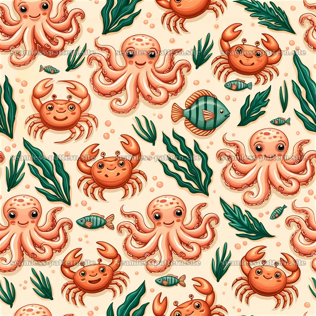 Cute Ocean Animals Seamless Pattern with Crabs and Octopuses — seamless tileable pattern