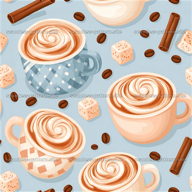 Pastel Coffee Cups and Cinnamon Seamless Pattern — seamless tileable pattern