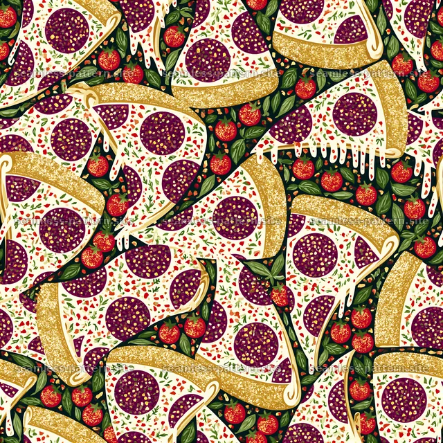 Colorful pizza slice design with vegetables and herbs — seamless tileable pattern