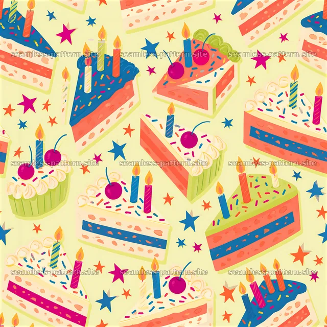 Birthday Cake Repeat Pattern with Candles and Sprinkles — seamless tileable pattern