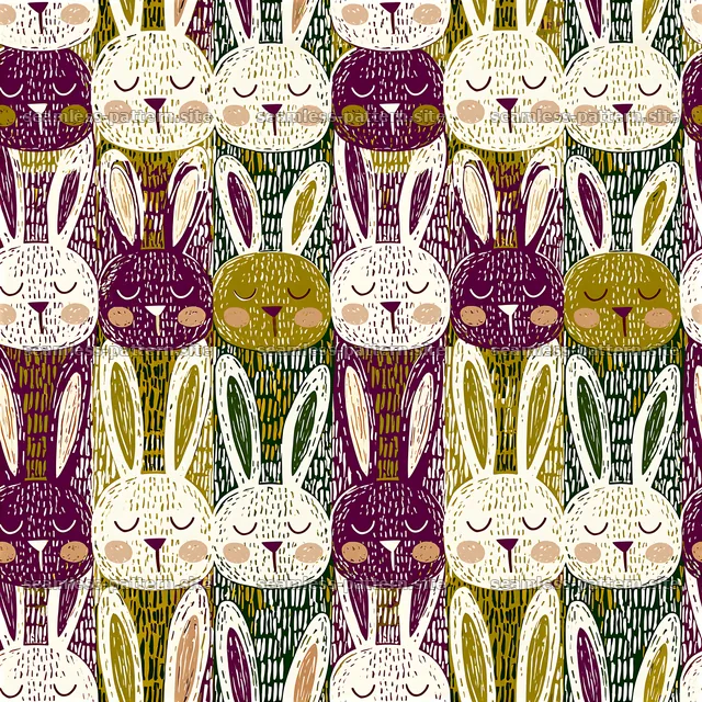 Cute bunny faces with colorful details in repeated pattern — seamless tileable pattern