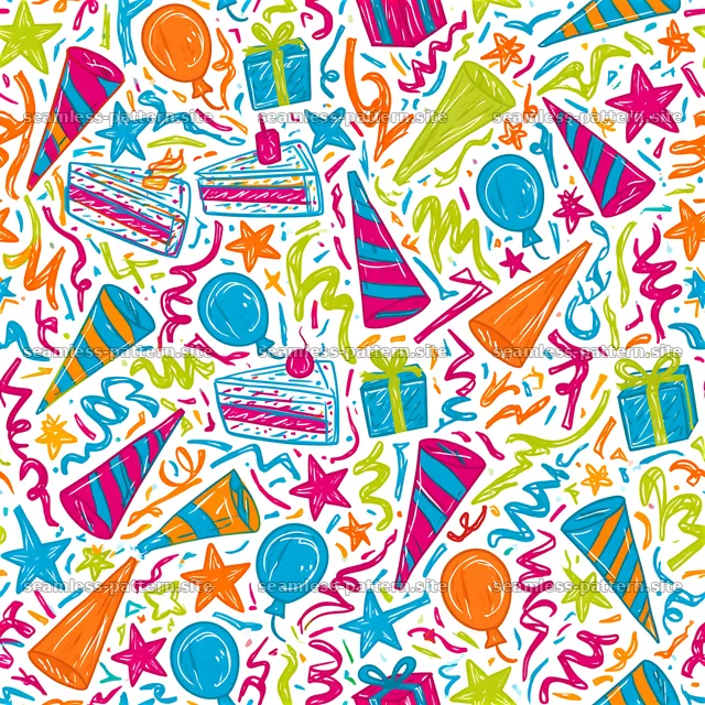 birthday doodle seamless pattern with birthday items and colors — seamless tileable pattern
