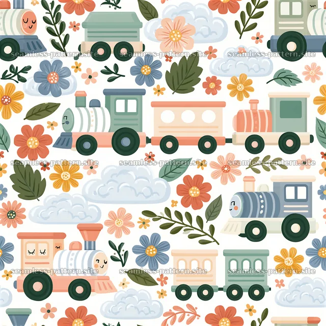Friendly train seamless pattern for kids features playful elements — seamless tileable pattern