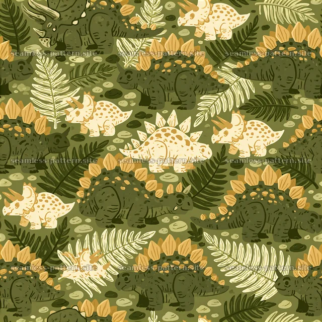 Cute dinosaur seamless pattern with ferns and rocks among dinosaurs — seamless tileable pattern