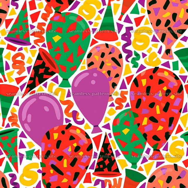 Colorful birthday party pattern with balloons and confetti — seamless tileable pattern