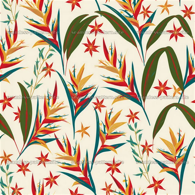 Bright tropical flower seamless pattern with bold leaves — seamless tileable pattern