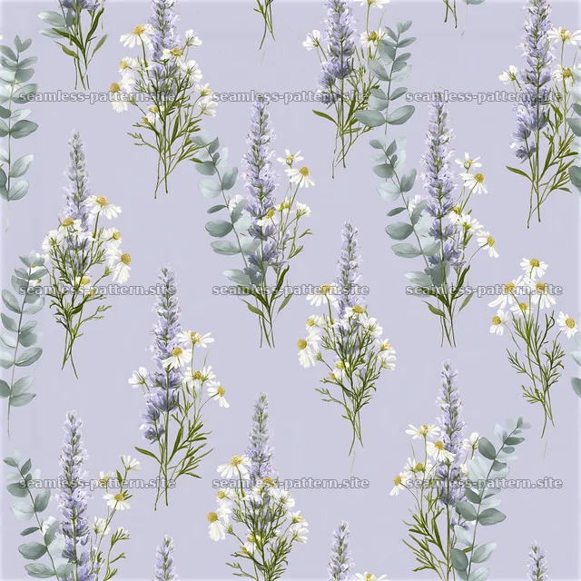 Seamless watercolor garden pattern with lavender and chamomile flowers — seamless tileable pattern