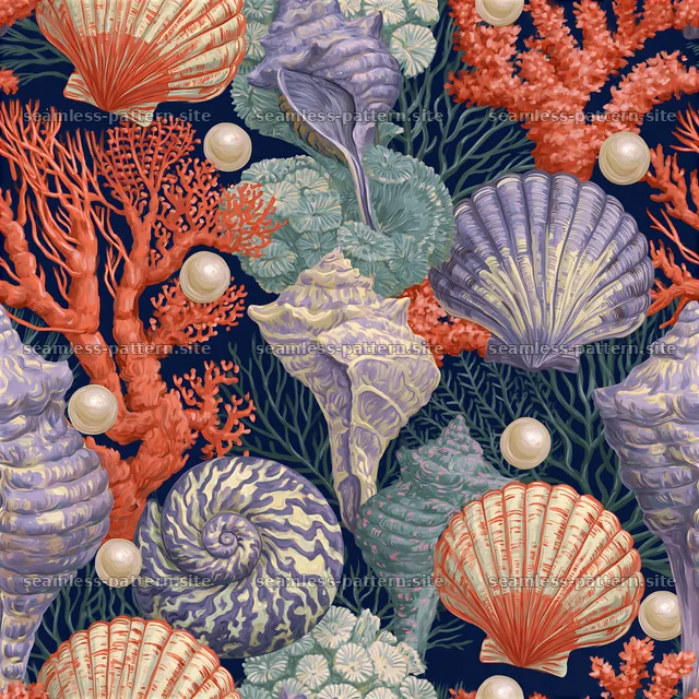 Colorful gouache seamless pattern with shells and coral on dark background — seamless tileable pattern