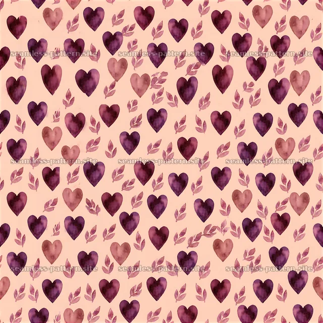 Watercolor heart pattern with leaves in a repetitive design — seamless tileable pattern