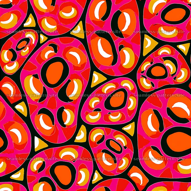 Bold abstract shapes in black, red, orange, and white seamless pattern — seamless tileable pattern