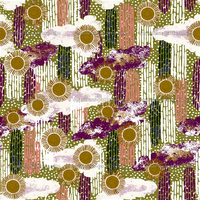 Colorful pattern with clouds and suns in soft hues — seamless tileable pattern