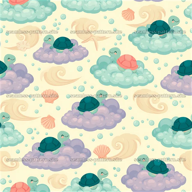 Cute turtle seamless pattern with turtles on clouds and bubbles — seamless tileable pattern