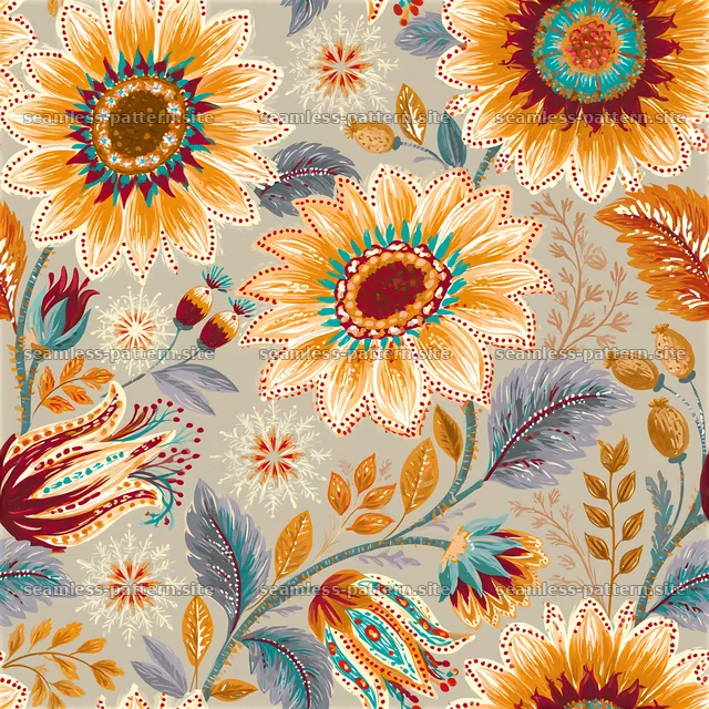 Floral seamless pattern with large sunflowers and colorful foliage — seamless tileable pattern