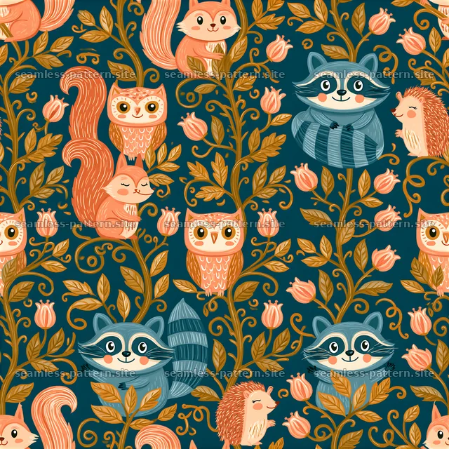 Whimsical woodland creature seamless pattern for kids with animals — seamless tileable pattern