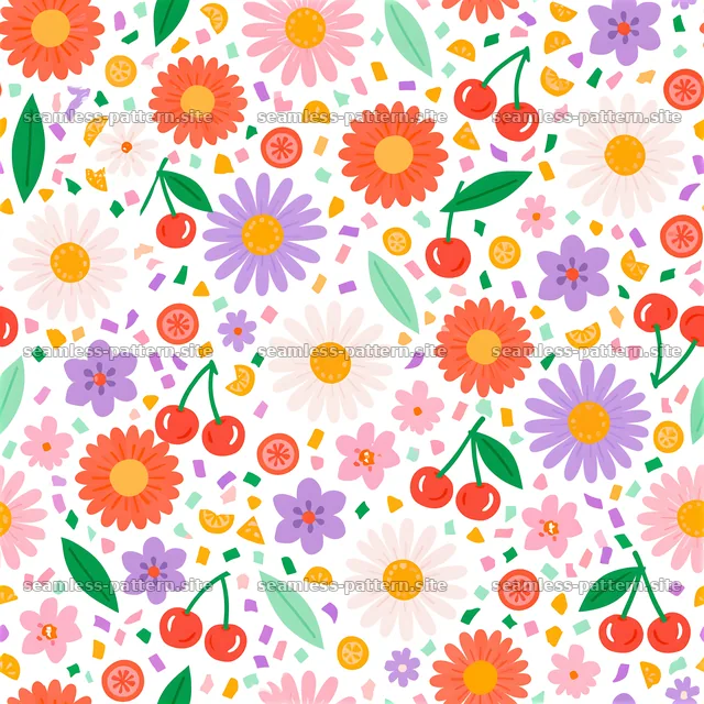 Colorful Kitsch Floral and Cherry Seamless Pattern — seamless tileable pattern