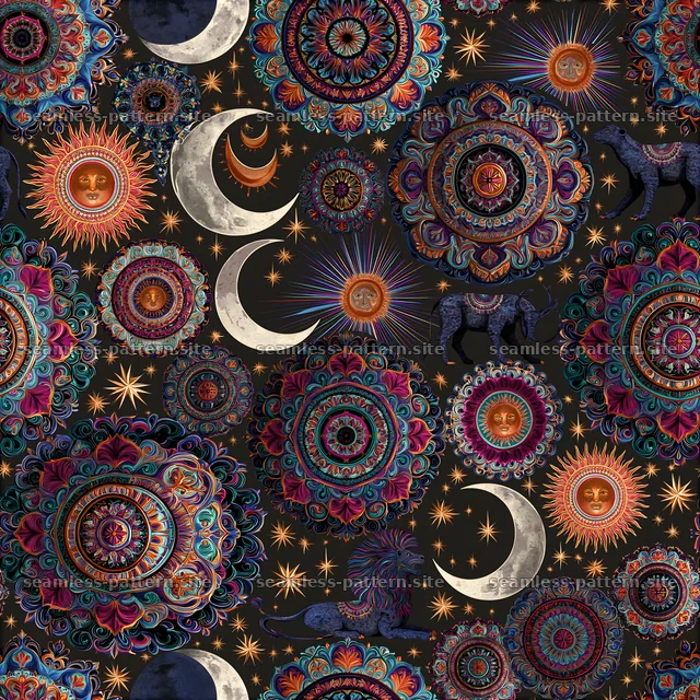 Colorful astrology seamless pattern with sun, moon, stars, and animals — seamless tileable pattern