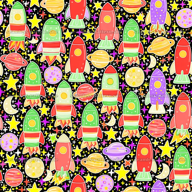 Colorful rockets and planets seamless pattern for birthday themes — seamless tileable pattern