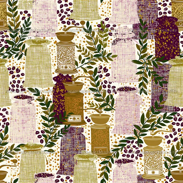 Vintage coffee grinder and bean seamless pattern design — seamless tileable pattern