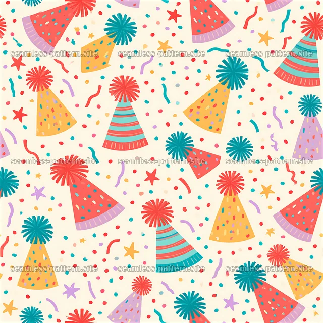 Birthday party hats seamless pattern showing colorful party elements — seamless tileable pattern