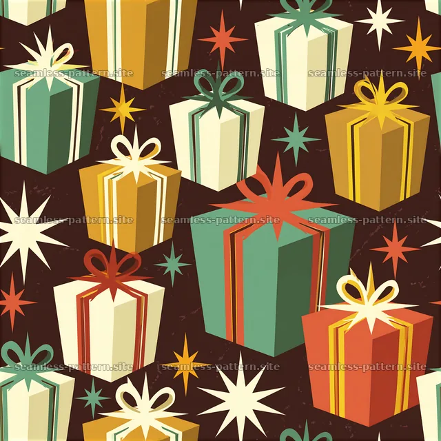 Seamless pattern of Christmas presents with star bows in bright colors — seamless tileable pattern