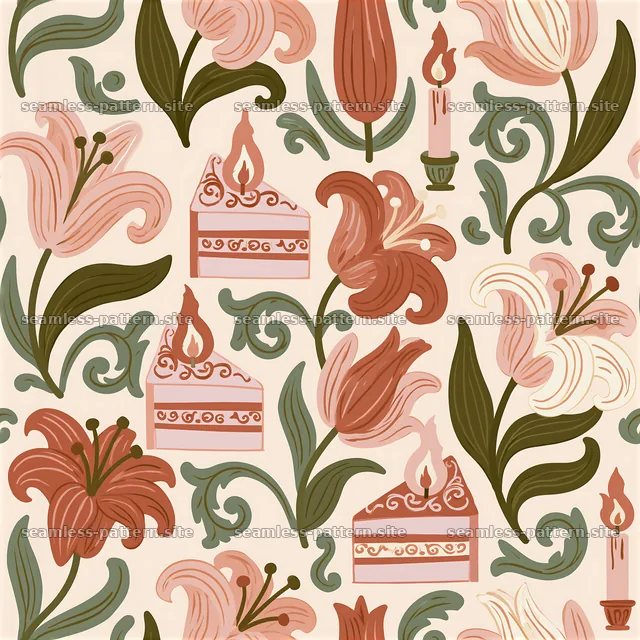 Floral birthday cake and candle seamless pattern — seamless tileable pattern